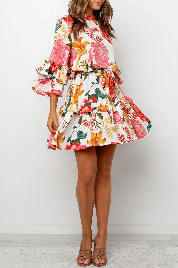 Floral print round collar pleated dress