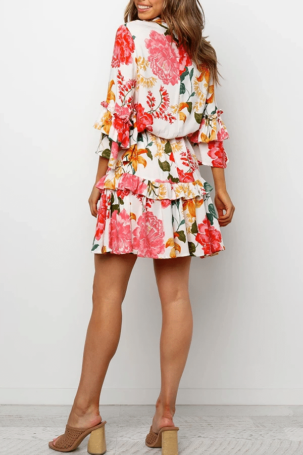 Floral print round collar pleated dress