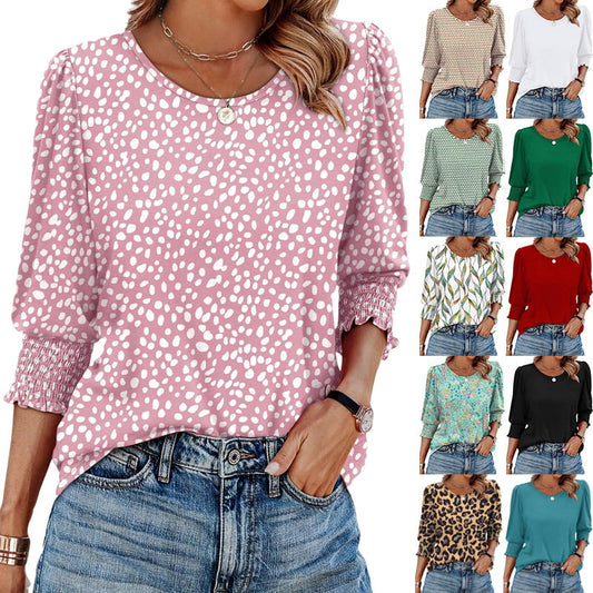 Women Dressy Casual 3/4 Length Sleeve Blouses with Smocked Cuffs