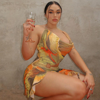 Backless Ring-Linked Halter Cami Dress